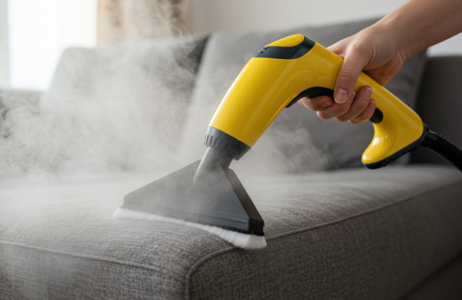 Home upholstery steaming cleaning with handheld steam cleaner for hygiene and sanitization